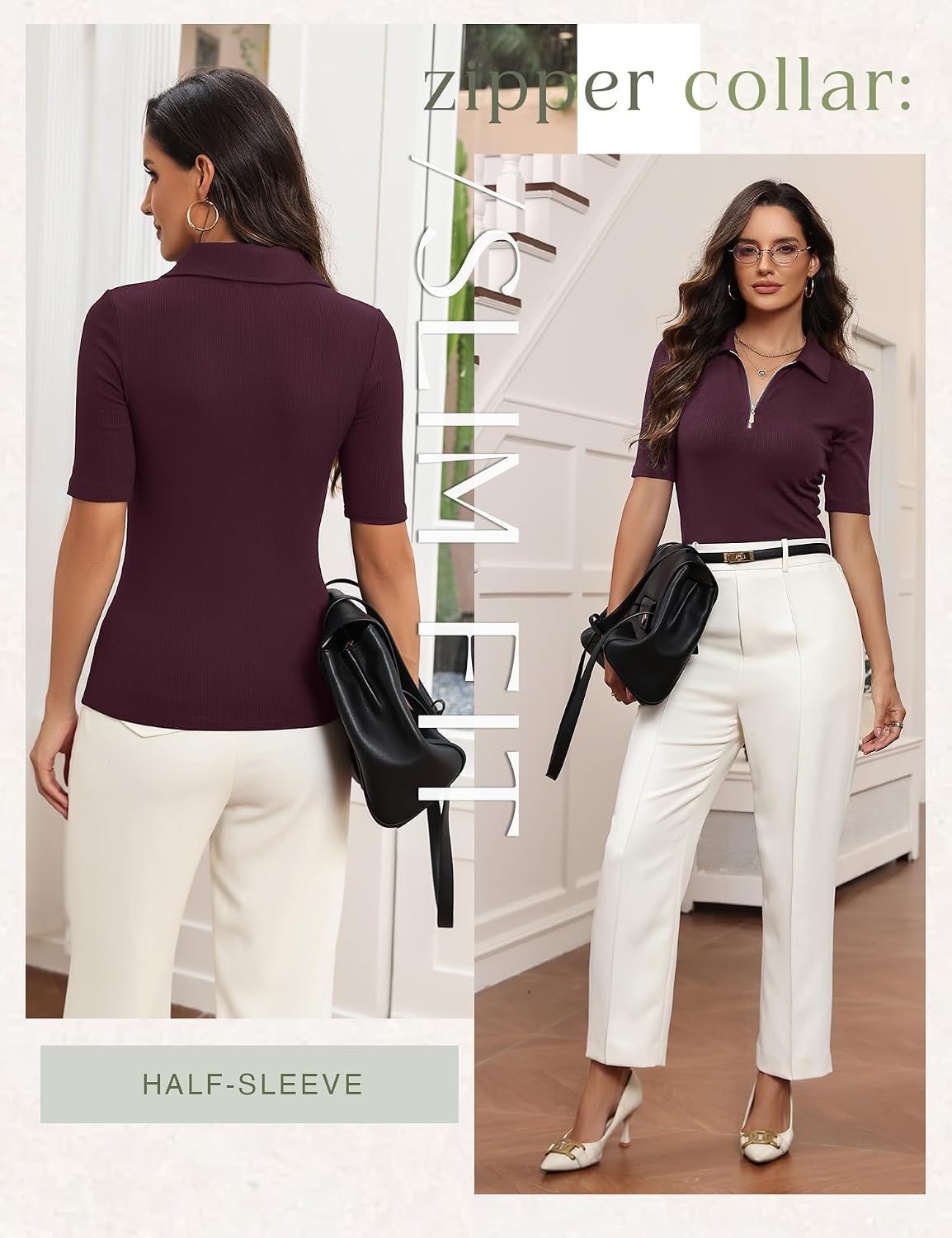 Meetrendi Women's Half Sleeve Work Blouses Top 2026 Summer Elegant Business Shirts Zipper Fitted Dressy Clothes