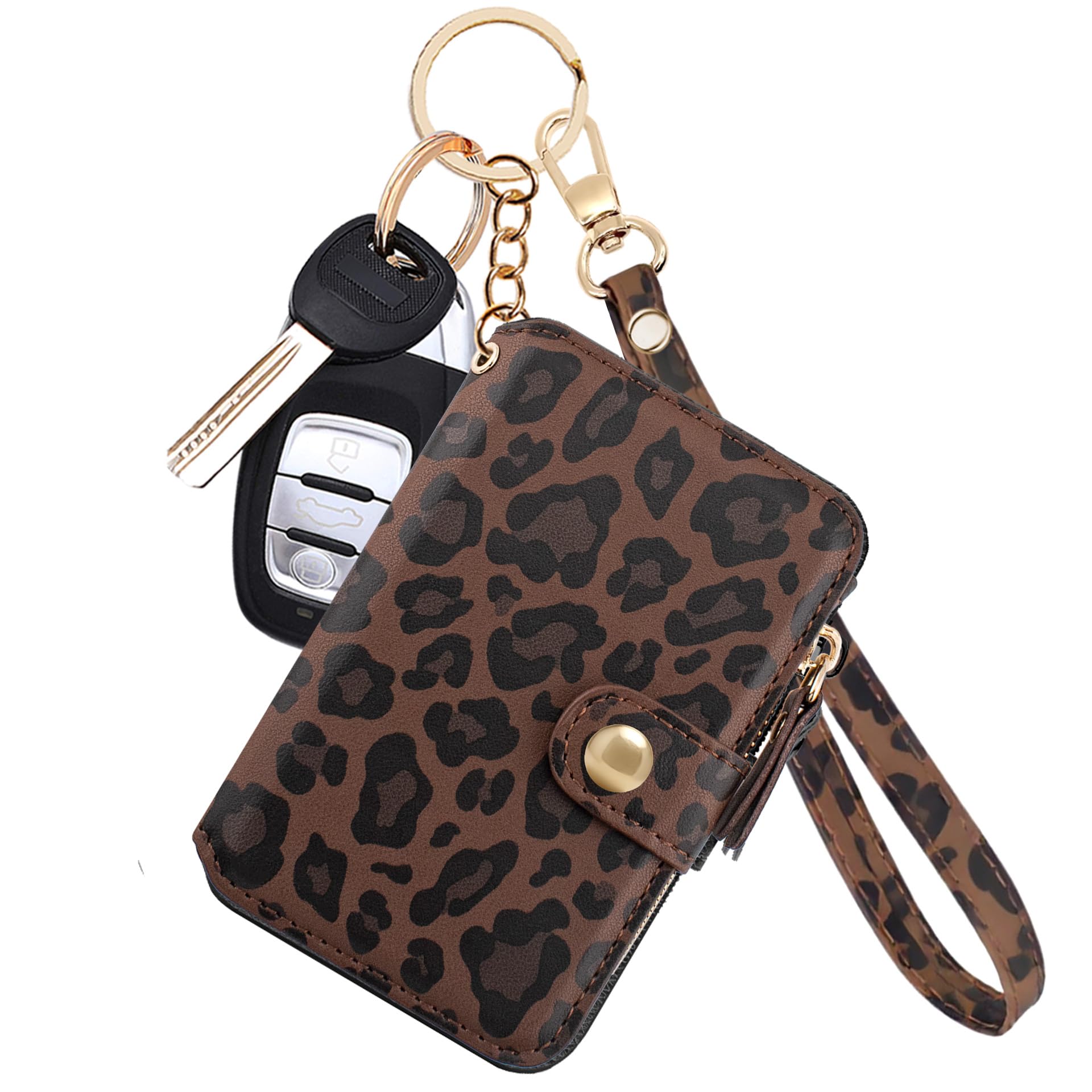 M-Plateau Wallet, Womens card Holder Leather Keychain Wallet With Zipper Coin Pocket ID Window Wrist Strap Gift Box (Leopard)