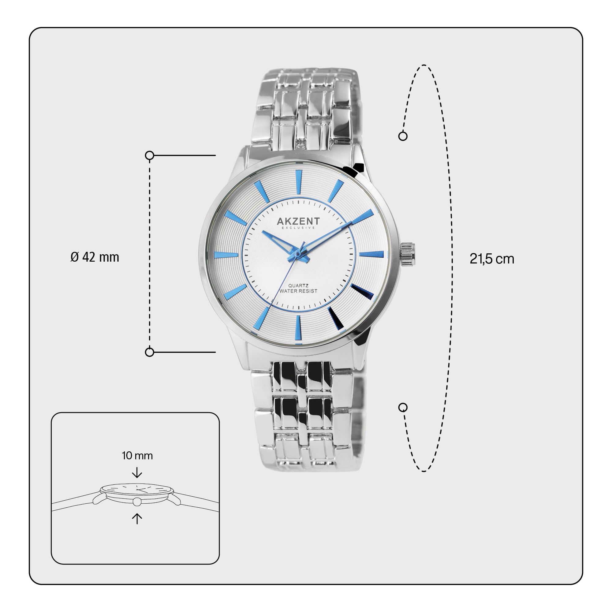 Akzent Orologio da Polso Donna, Bianco, Argento, Blu, Analogico, al Quarzo, in Metallo