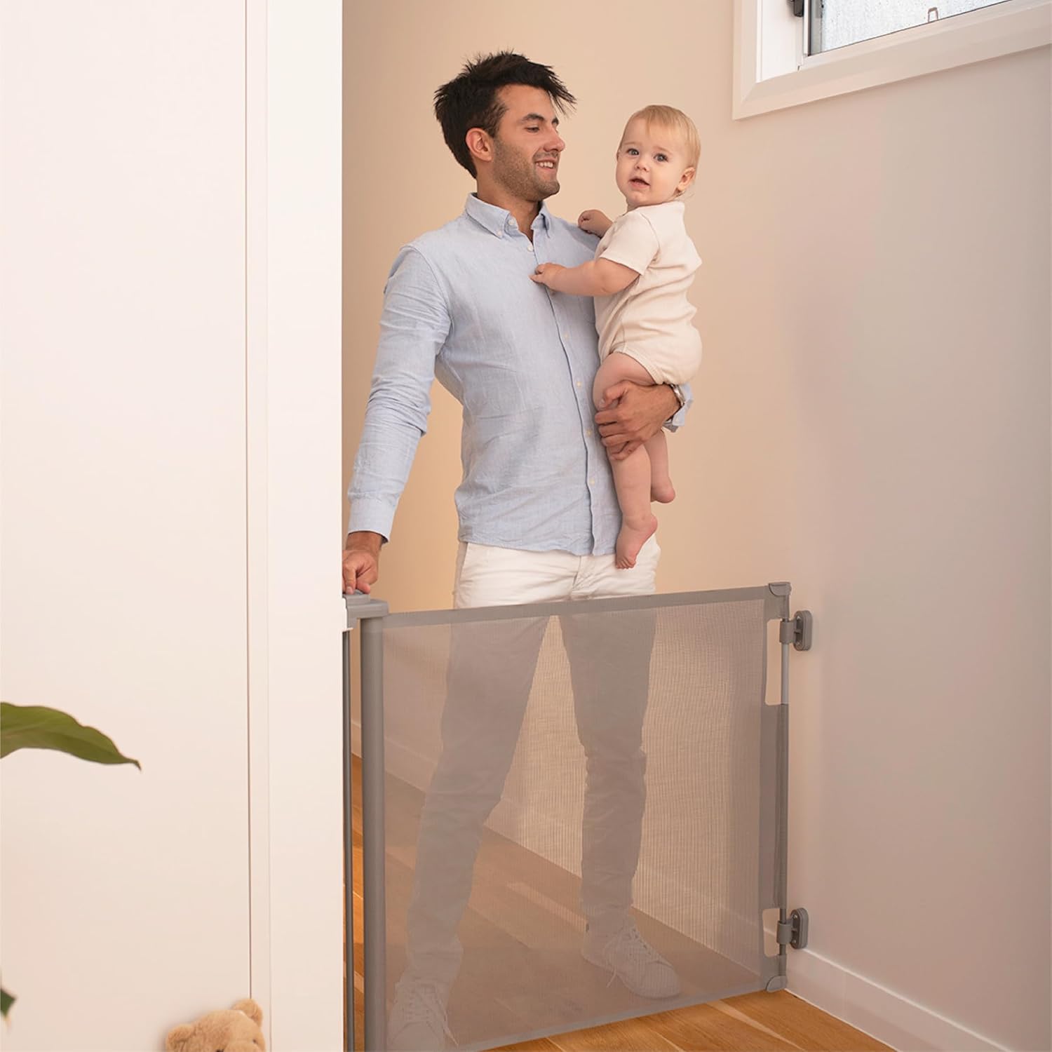 Retractable Baby Gate Perma Child Safety 33" Tall x 55” Wide, Mesh, for Stairs, Doorways, Dogs, Pets, Indoor, Outdoor, One-Handed Operation, Locking, Easy Install, Hardware Mount, Gray Gray 33" Tall x 55" Wide