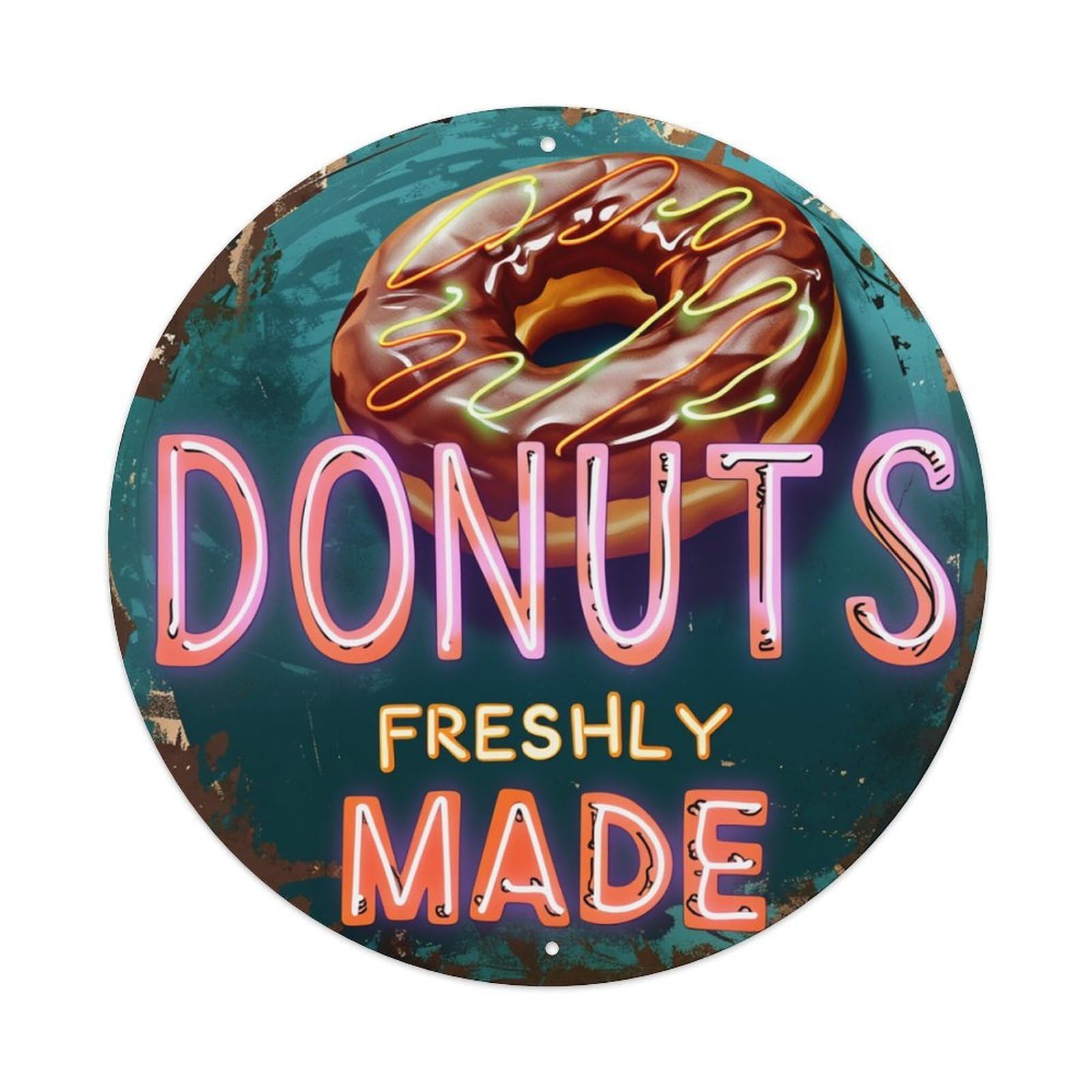 Donut Neon Sign Pattern Print Round Tin Sign Retro Metal Sign for Cafe Bar Pub Home Game Room Gym Club Wall Decoration Vintage Metal Poster 8x8 Inch