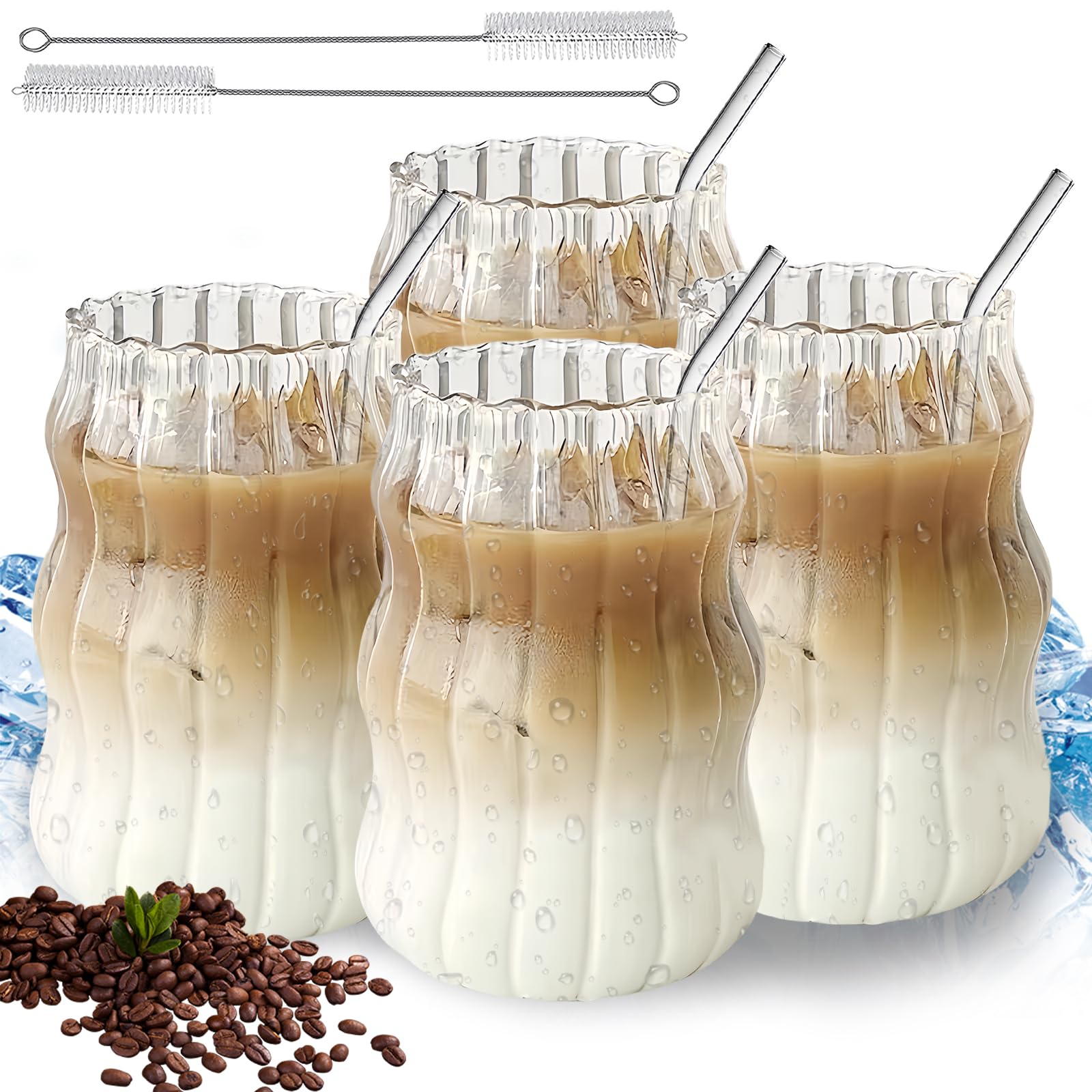 Set di 4 bicchieri da caffè per latte macchiato da 530 ml, bicchieri da long drink, set per caffè, tè, cola, soda, cocktail con cannucce di vetro, spazzole