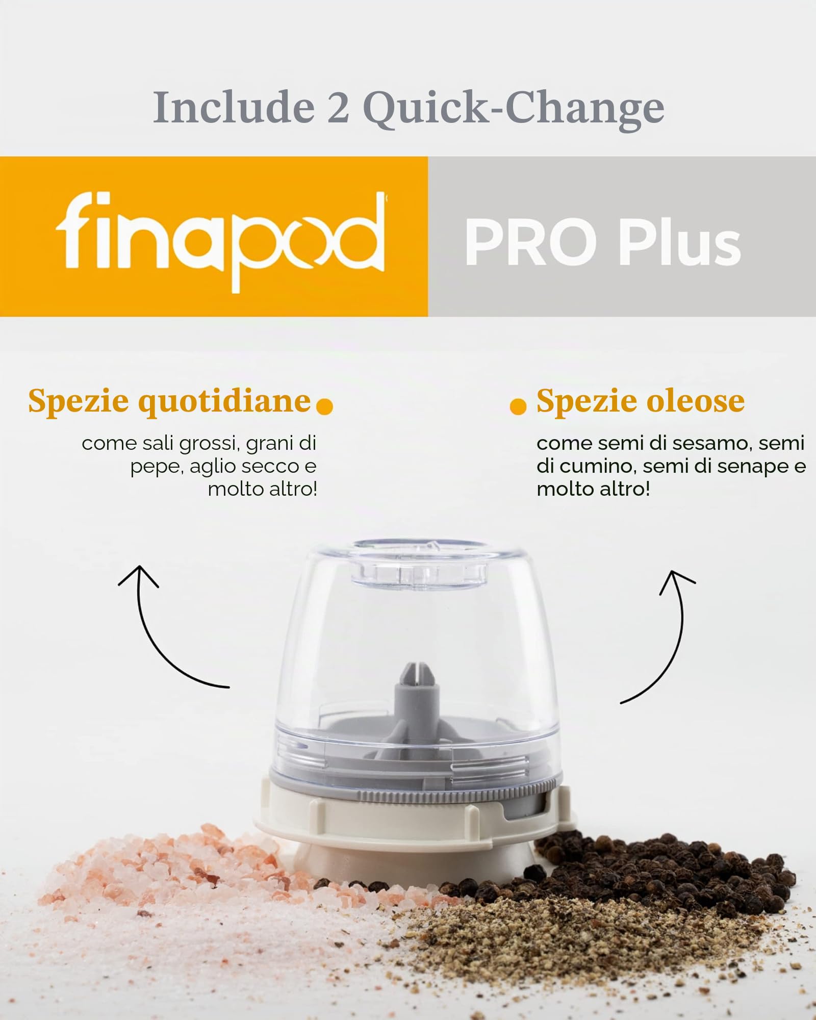FinaMill Mulino per pepe e spezie pluripremiato a batteria, trituratore e macinazione regolabile in ceramica con One Touch e LED. 2 cialde ProPlus intercambiabili incluse.
