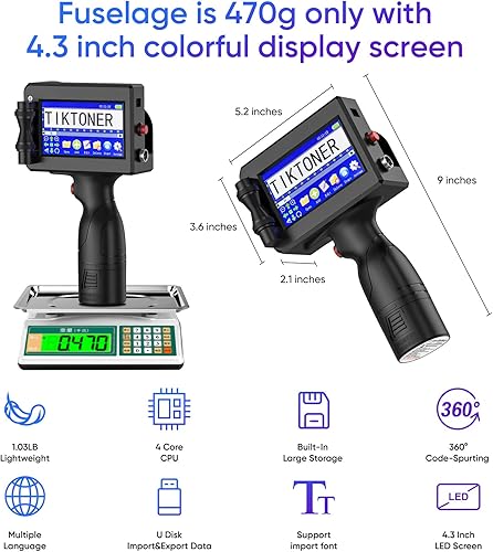 Miniatura 2 de TIKTONER 127T2 Handheld Inkjet Printer 1 inch Portable Handheld Printer 43 Inch LED Screen Quick Drying Ink Cartridge Hand Held Printer for QR Code