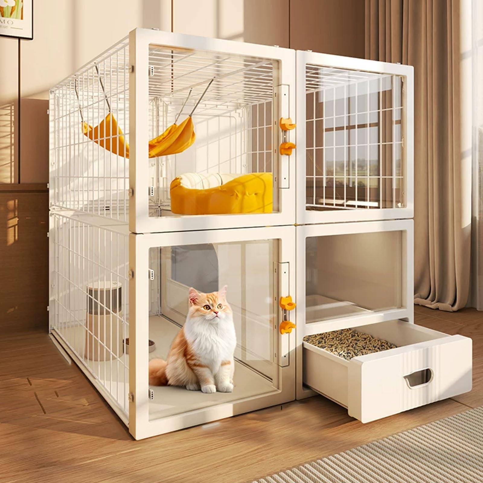 Cat Condo with Litter Box, Iron and PP Material, 3-Sided Breathable Wire Mesh, Panoramic View, Multiple Doors, for 1-2 Cats, Cat Villa Design