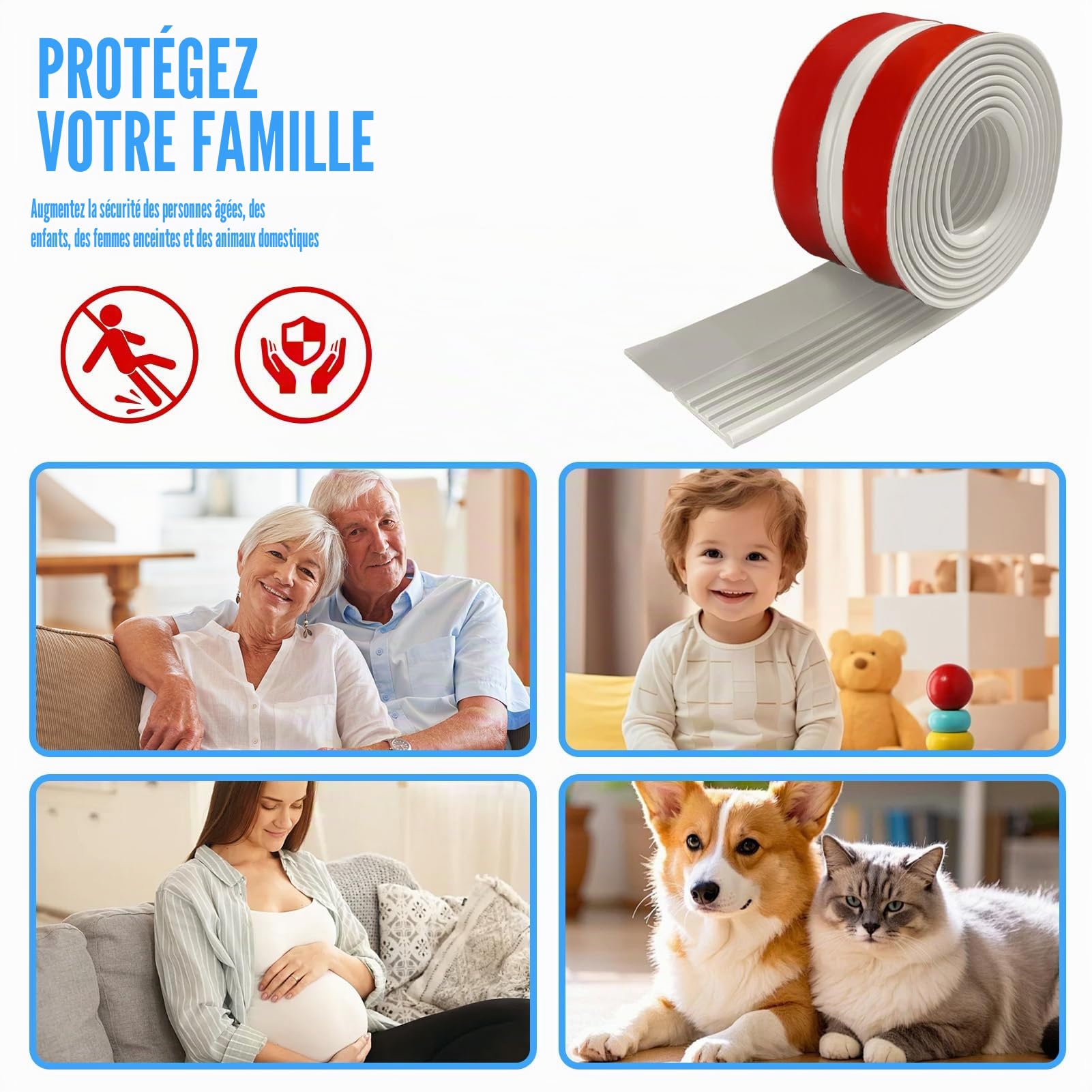 Nez de marche autocollant 8 m, profilé de transition antidérapant, protection des nez de marche, en caoutchouc flexible, pour l'extérieur et l'intérieur, gris