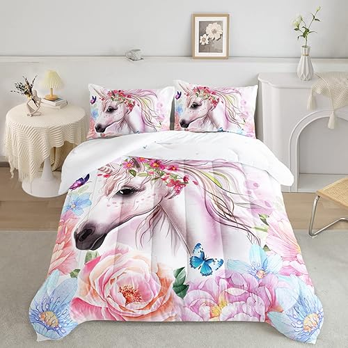Vista 3 de CVHOUSE Juego de edredón de caballo rosa, tamaño individual, juego de ropa de cama de caballo rosa, juego de edredón suave y transpirable para niños