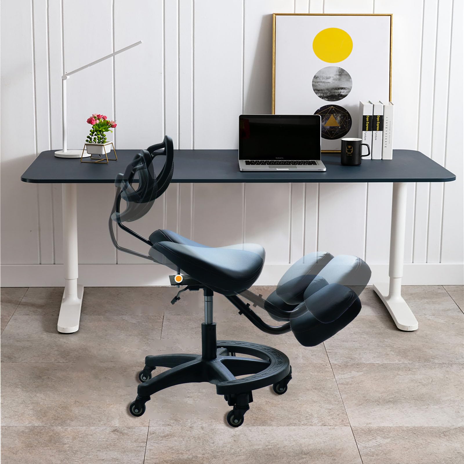 ZZYY Siege Assis Genoux Ergonomique, Chaise à Réglable avec Dossier, Tabouret roulettespour Le Mal De Dos, Posture Repose-Genoux pour Bureau, Cuir PU+Éponge Rebond Noir