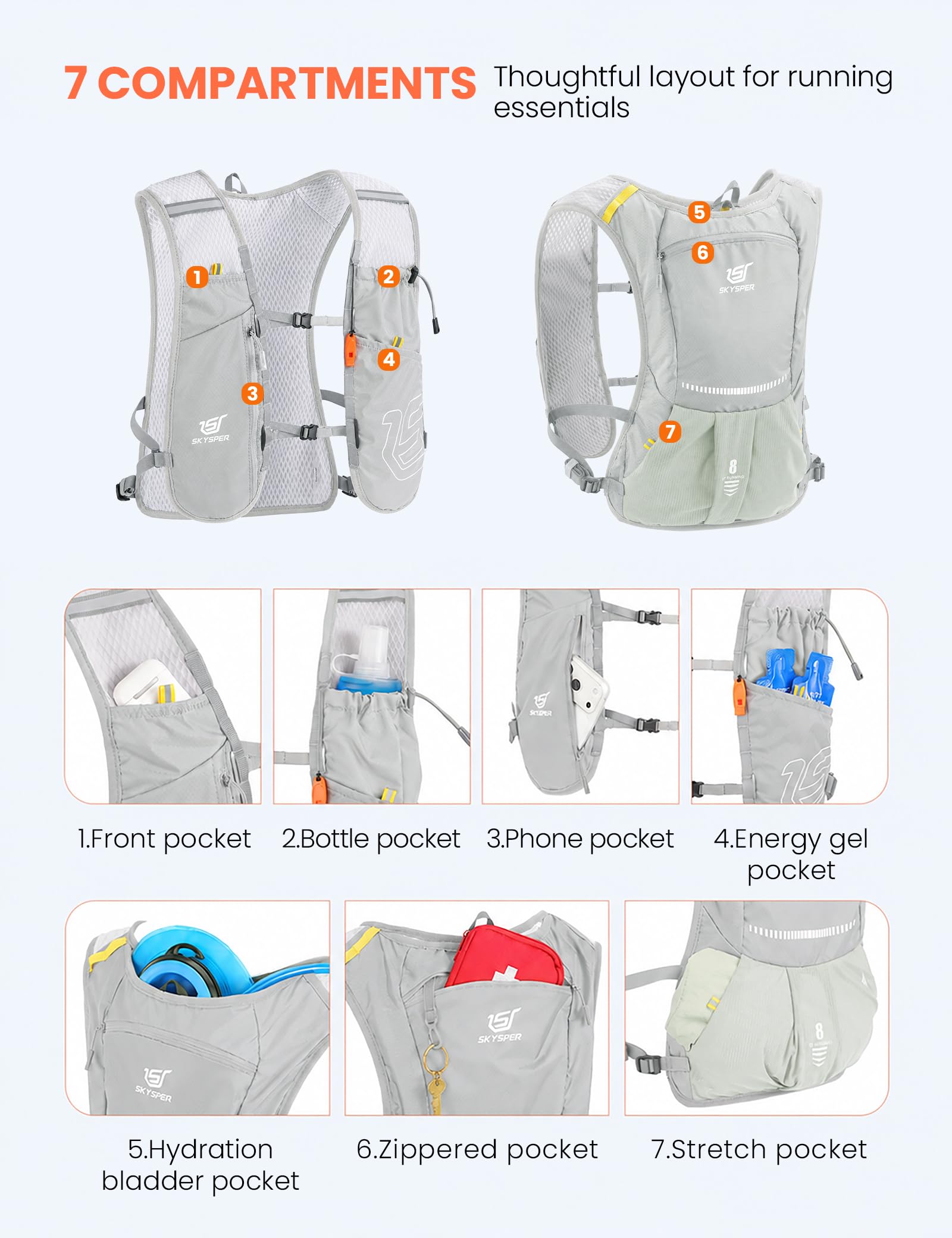 SKYSPER Plecak nawilżający Kamizelka Plecak Trail Running | Z miękką butelką o pojemności 500 ml do biegania, jazdy na rowerze, joggingu, wędrówek