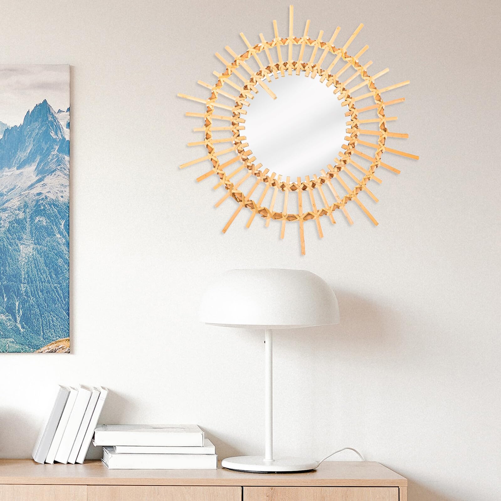 Runder Rattan Spiegel als Wanddekoration, Schminkspiegel, Gold
