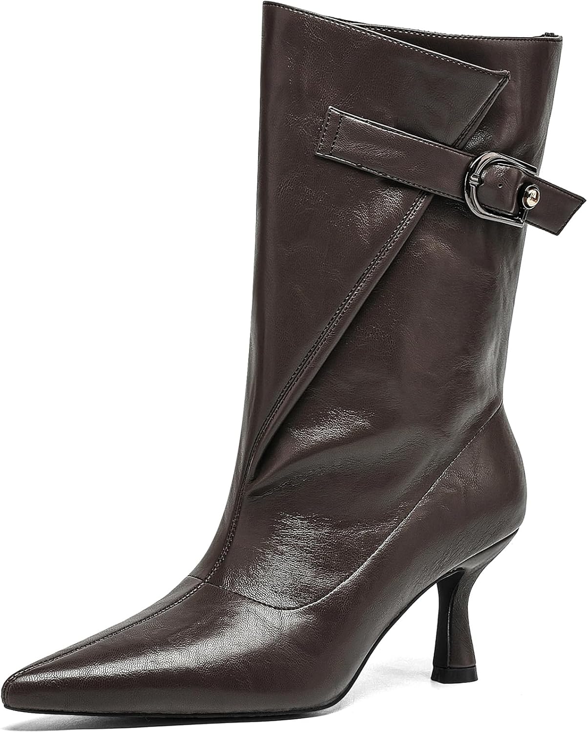 Mid Calf Boots for Women with Kitten Heel - Pointed Toe Wide Calf Slip On Boots, Metal Buckle Kitten Heels Boots for Women, Stylish Pointy Boots for Women for Autumn Winter