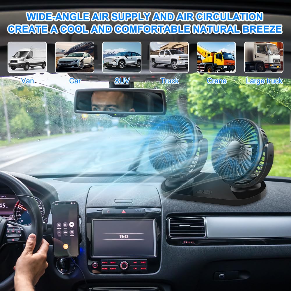 Ventilateur Voiture USB, 360° Rotative Double Tête Ventilateur de Voiture, Ventilateur Camping Car avec 3 Vitesses, Double Tête Ventilateur USB pour Voiture,Maison,Bureau,Camping