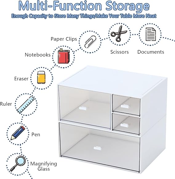 2Tier Stackable Storage Drawers, Matte White Plastic Desk Organizer with 4 Deep Drawer, Clear Desktop Storage Boxes for Bathroom, Office Supplies, Home Collection, Small Items, Cosmetic