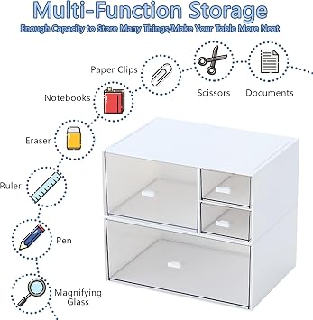 2Tier Stackable Storage Drawers, Matte White Plastic Desk Organizer with 4 Deep Drawer, Clear Desktop Storage Boxes for Bathroom, Office Supplies, Home Collection, Small Items, Cosmetic