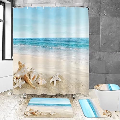 Juego de 4 cortinas de ducha de playa de verano, juego de decoración de baño con alfombras antideslizantes en forma de U, cubierta de tapa de
