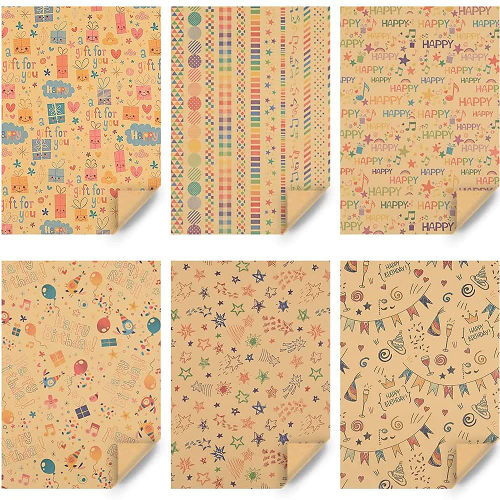 Carta Da Regalo Kraft Per Compleanni, 6 Fogli Di Carta Marrone Con Etichette Corde E Adesivi~p135971868