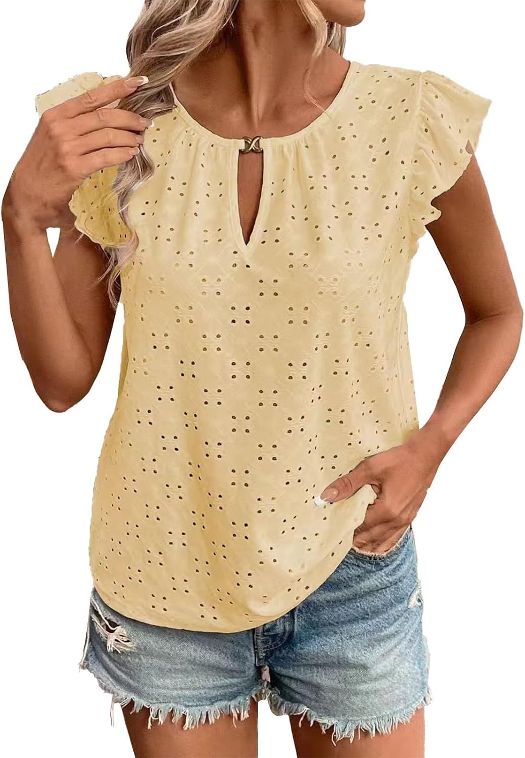 Summer Blouses for Women 2025 Trendy Dressy Casual Hollow Lace Tops Crew Neck Ruffle Short Sleeve Shirts