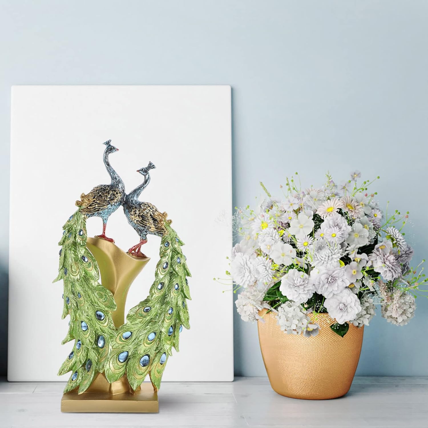 NUOBESTY Resin Peacock Statue Desktop Decoration 14.56In Elegant European Peacock Figurine Home Office Table Adornment Compact Lightweight Art Sculpture