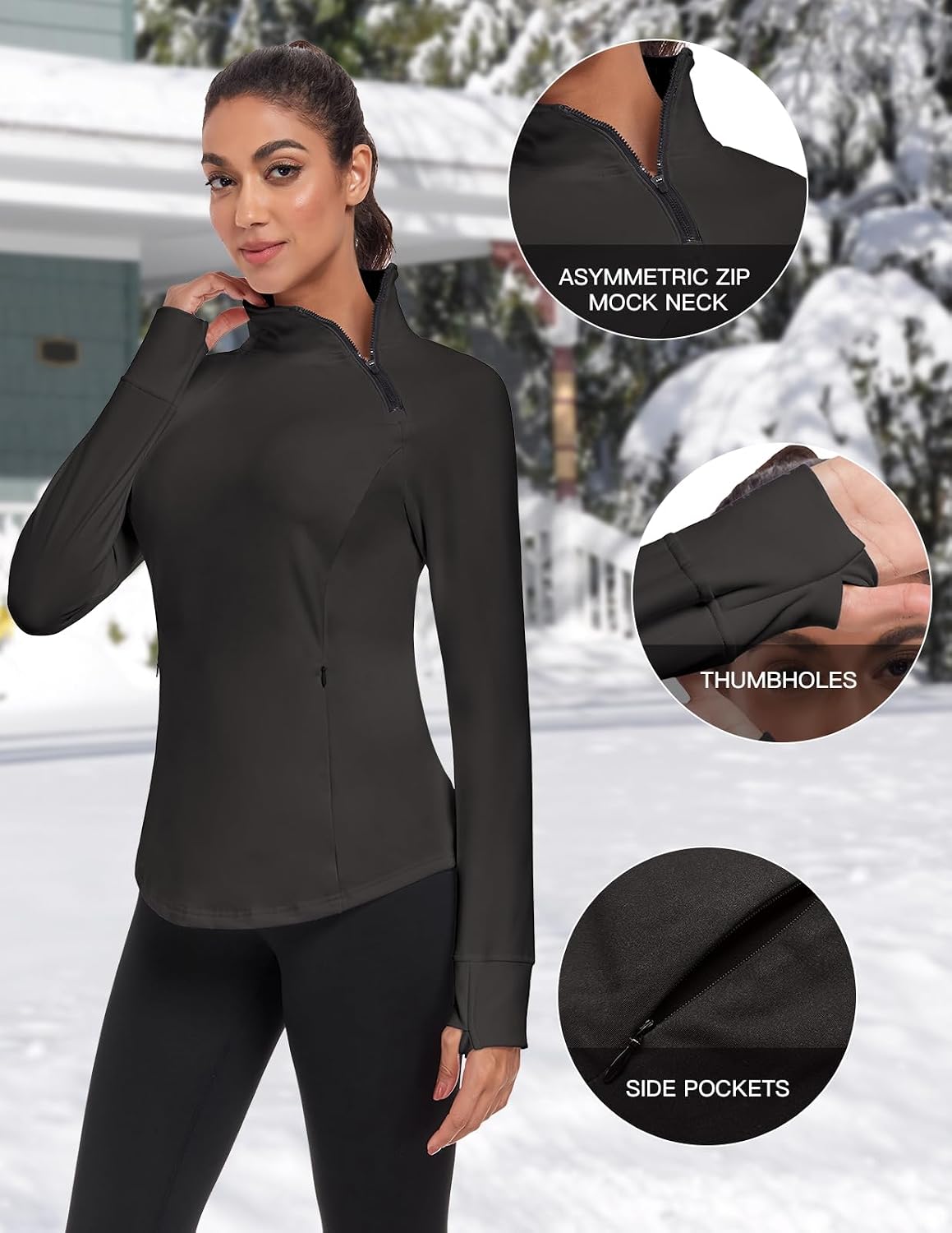 WOWENY Women's Fleece Sweatshirts Zip Mock Neck Long Sleeve Sweatshirt Ski Hiking Pullover Thermal Jacket with Thumb Hole