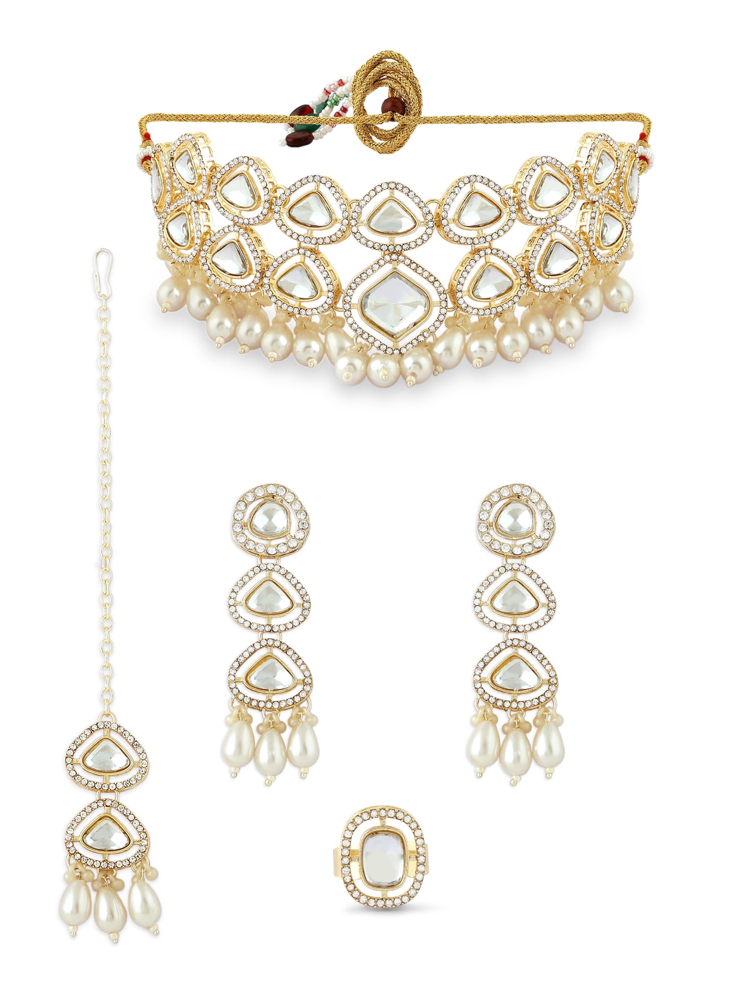 ZAVERI PEARLS Gold Tone Dazzling Stones Beads Bridal Choker Necklace Earring Maangtikka Ring Set For Women-ZPFK17113 (B0CS6TVXY5) Amazon Price History, Amazon Price Tracker