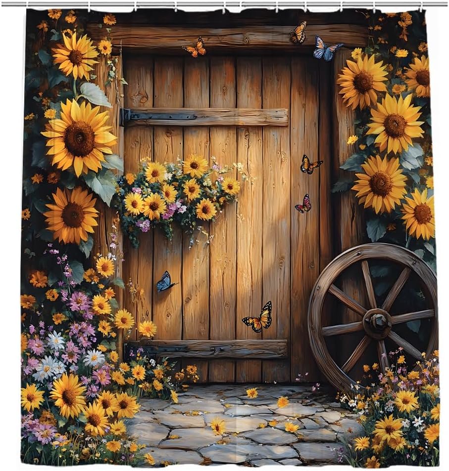 Rustic Sunflower Shower Curtain Western Farmhouse Floral Brown Wooden Board Vintage Barn Door Yellow Flower Butterfly Green Leaf Vine Country Bathroom Decor Curtains 82x70 inch with Hook