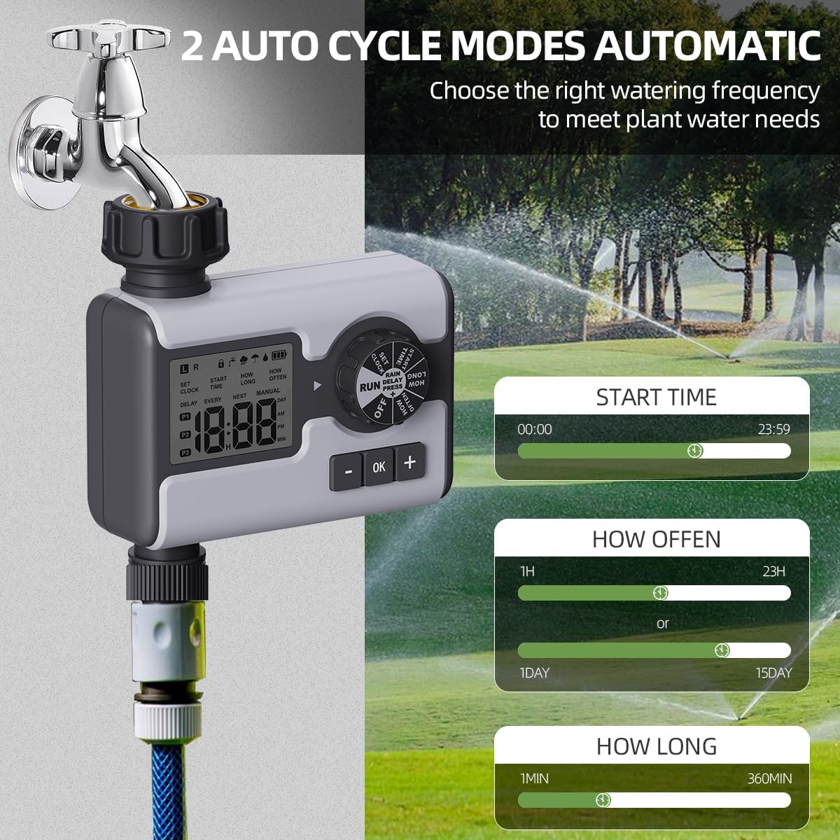Aqualin Water Timer showing auto cycle modes for start time, how often, and how long