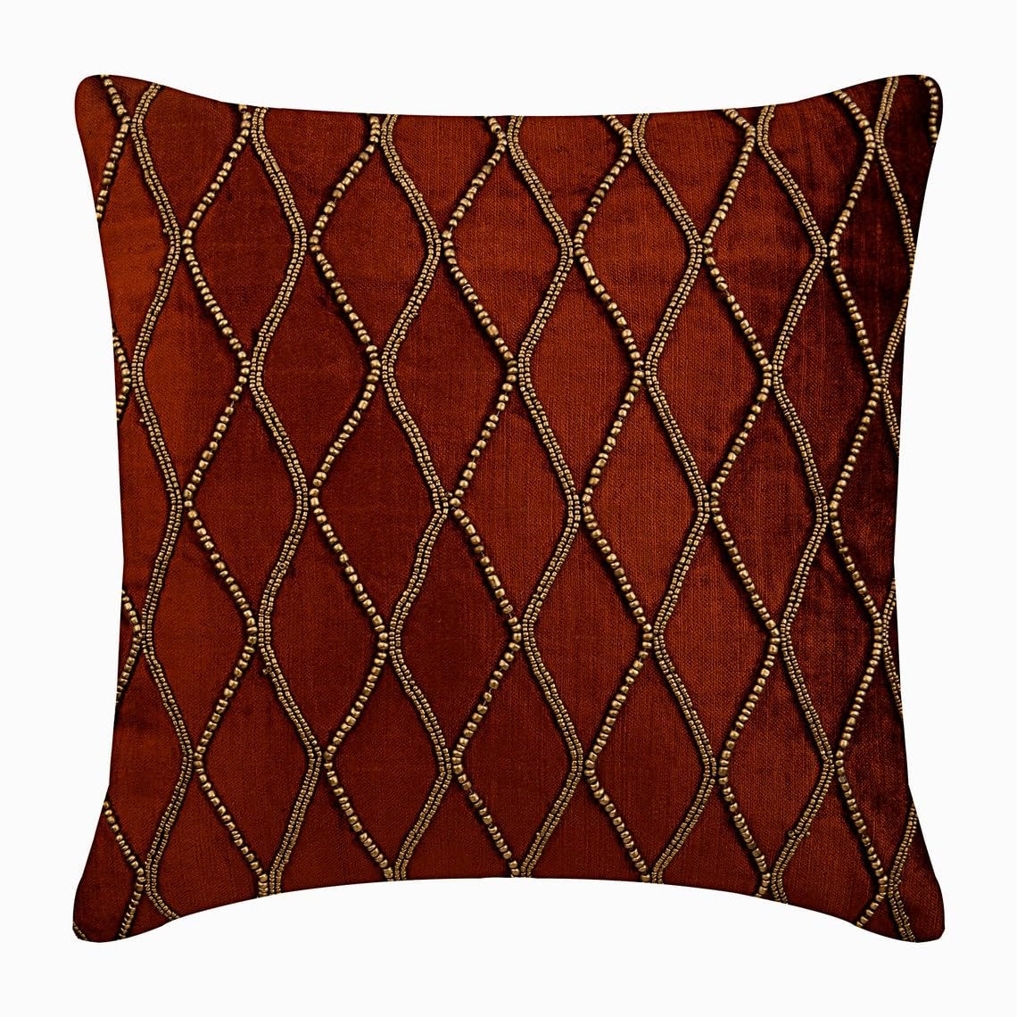 The HomeCentric Taie d'oreiller Decorative Rouille Perle Doree Brodee Lot de 2, 65x65 cm Velours Orange, Housse de Coussin à la Main Velours - Sumac Gold