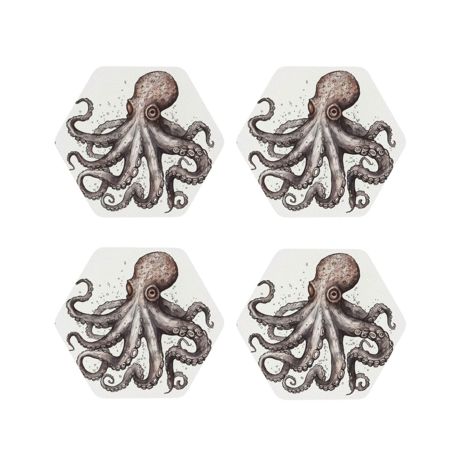 4Pcs PU Leather Coaster for Drinks, Octopus Cup Coastersr 4" Cup Mat Pad, Aesthetic Drink Coasters for Coffee Table, Hexagon Coaster for Tabletop Protection