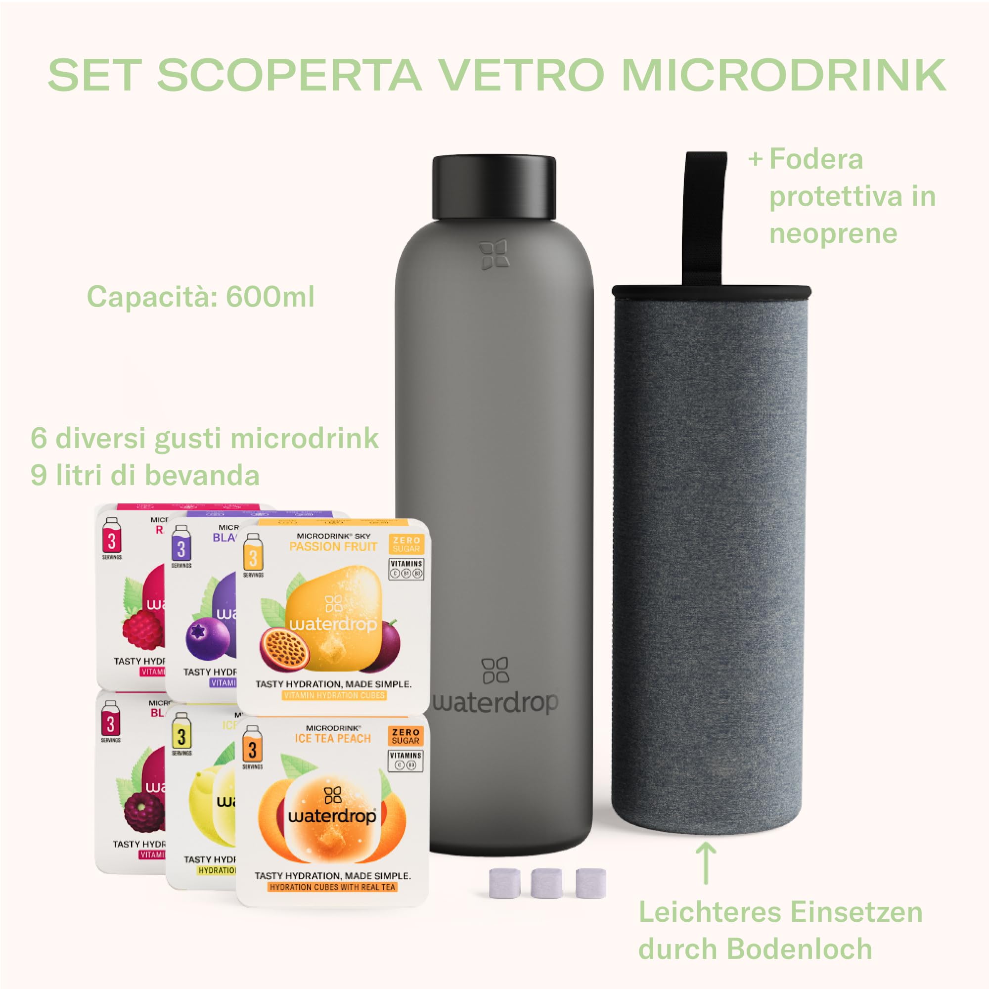 waterdrop® Set Scoperta, Borraccia in Vetro 600ml + 18 cubetti per acqua, Set Confezione Regalo per Donna e Uomo, Degustazione: 6 gusti aromatizzanti, 0 zucchero, Bottiglia per acqua