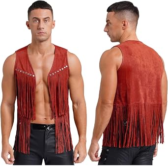 Jugaoge Men Fringe Vest Studded Detail Open Front 70s Hippie Suede Jacket Cowboy Western Tassel Tops