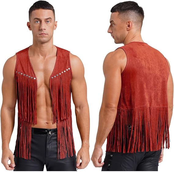 Jugaoge Men Fringe Vest Studded Detail Open Front 70s Hippie Suede Jacket Cowboy Western Tassel Tops