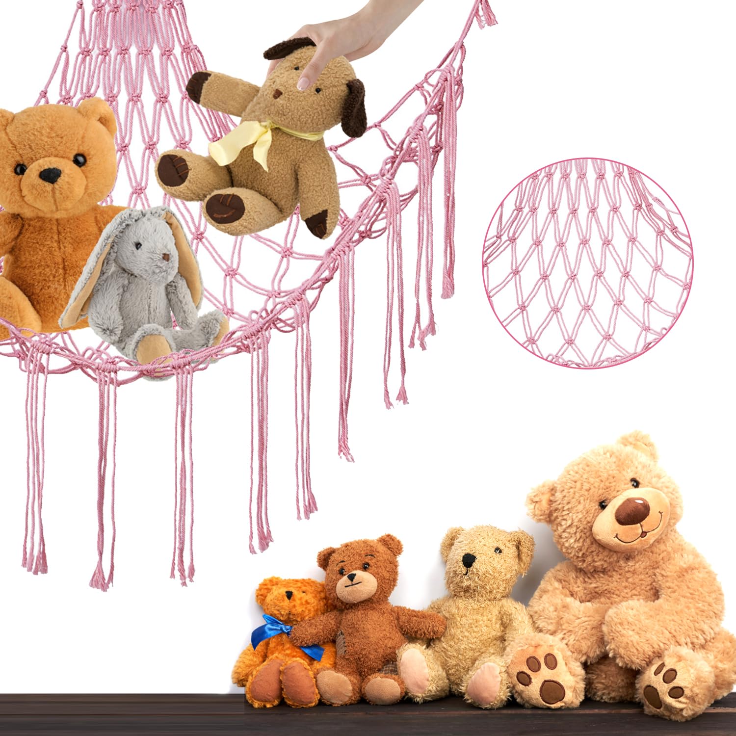 Hamac De Rangement Pour Peluches - Filet Coton 145x105x105 Cm, Style Boho, Avec Crochets Et Chevilles