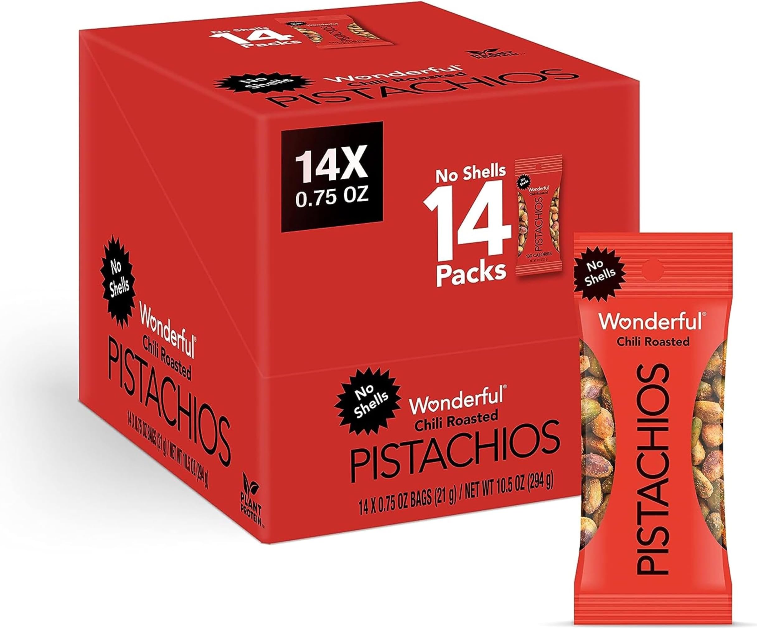 No Shells, Chili Roasted Nuts, 0.75 Ounce Bag (Pack of 14), Spicy Nuts, Protein Snacks, Gluten Free, Individually Wrapped Healthy Snack
