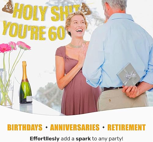 Miniatura 6 de Cartel decorativo de cumpleaños número 60 para mujeres y hombres, cartel de decoración de cumpleaños con purpurina dorada preencordada, divertido