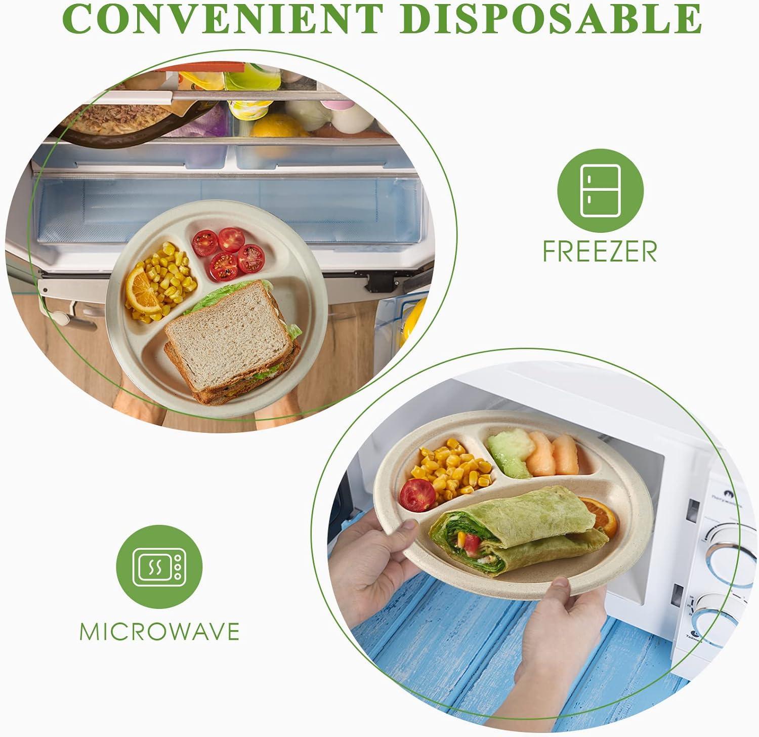 Vplus 100% Compostable Paper Plates, 125 Pack 9 Inch 3 Compartment Plates Disposable, Heavy Duty Biodegradable Plates Made of Sugar Cane Fibers, for Daily meals, Dinner, Parties, BBQ - Image 6
