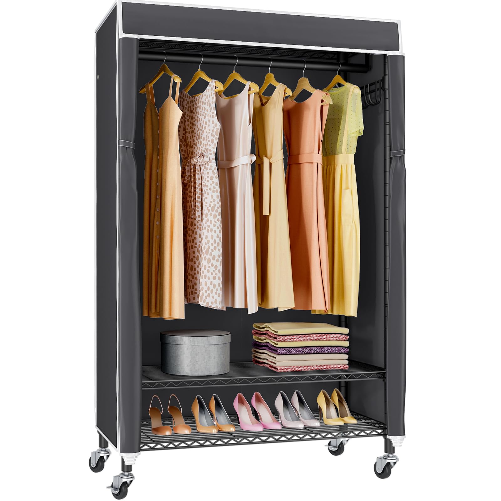 VIPEKR3C Rolling Clothes Rack with Cover Portable Closet for Hanging Clothes, Heavy Duty Garment Rack Freestanding Racks with Wheels&Side Hooks, Black Rack with Black Upgraded Polyester Cover