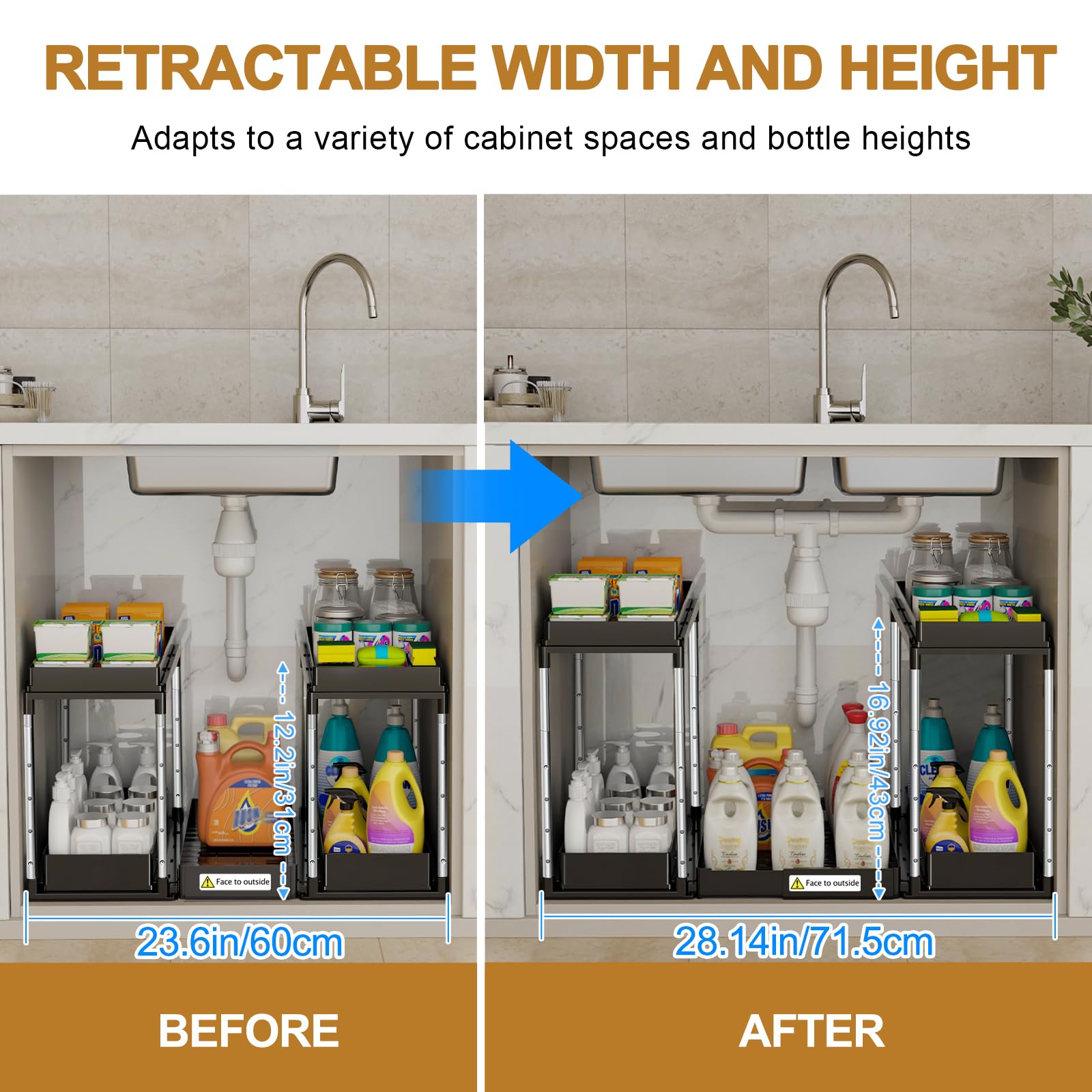 NIUXX Organizador para bajo fregadero y lavavajillas - Altura regulable | Estantes de cocina con cajones deslizantes - muy adecuados para baños y armarios de tanques de agua con tubos en forma de U
