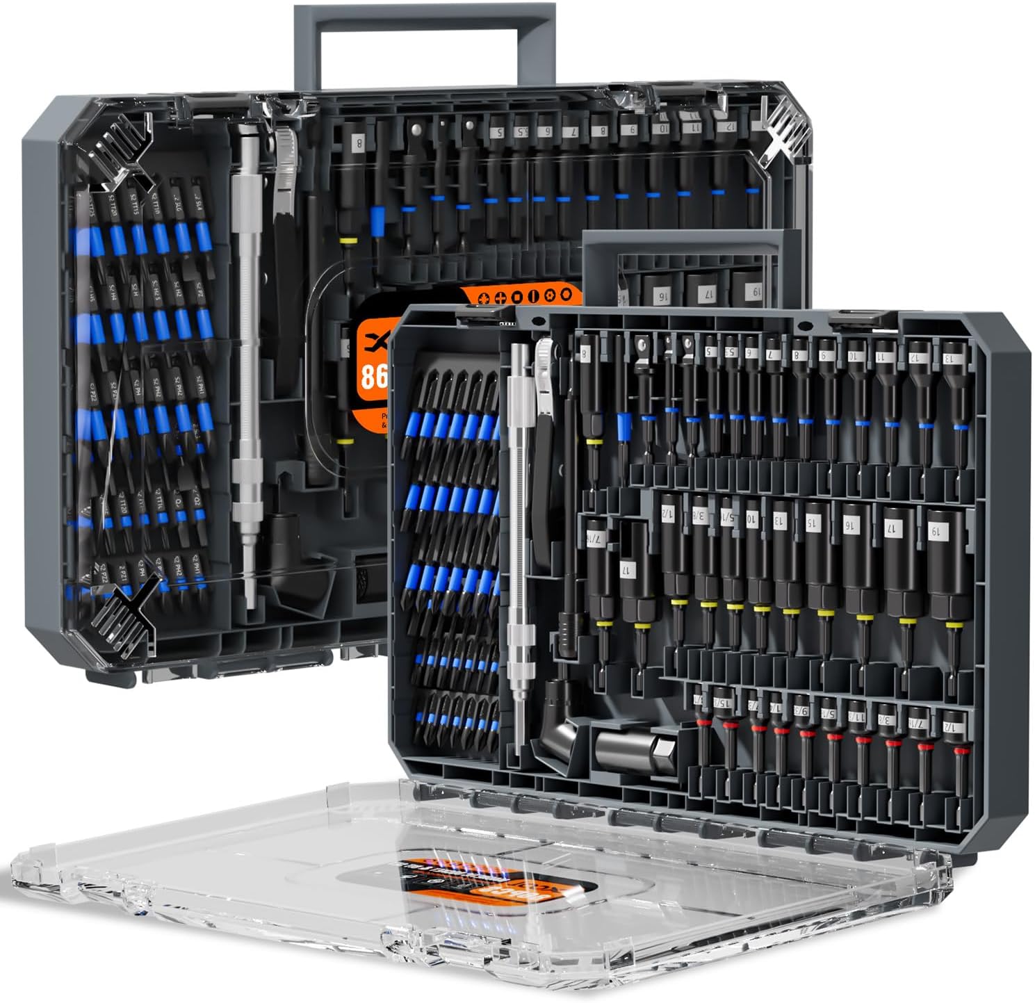 XOOL 86-Piece Magnetic Impact Nut Driver Set, Metric & SAE, with Socket Adapters, Universal Joint, Flexible Shaft, Wing Nut Driver, Power Bits & Quick-Release Extension