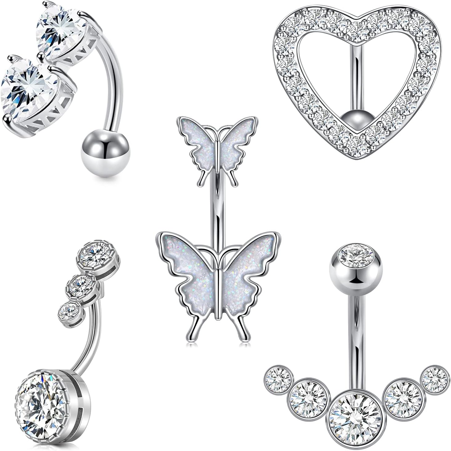 Piercings Nombril Acier Chirurgical MKVZIYE - Lot De 3 Avec Pendentifs Coeur/papillon - Pour Femmes