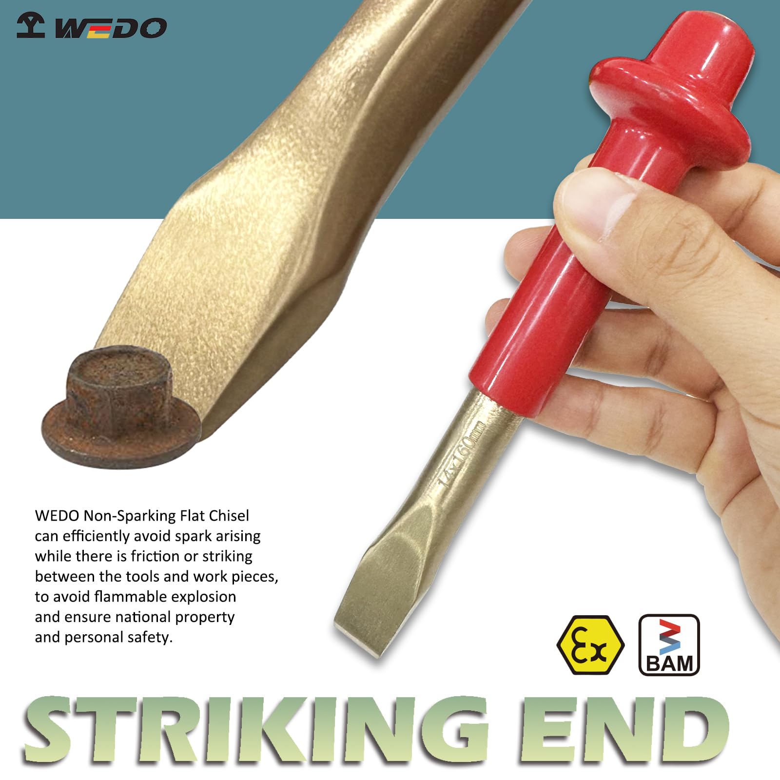 WEDO Cincel plano sin chispas, cincel de cemento, cincel de ladrillo, cincel de mampostería, cincel de hormigón con protector de mano de grosor, bronce de aluminio, longitud 400 mm, adecuado para la