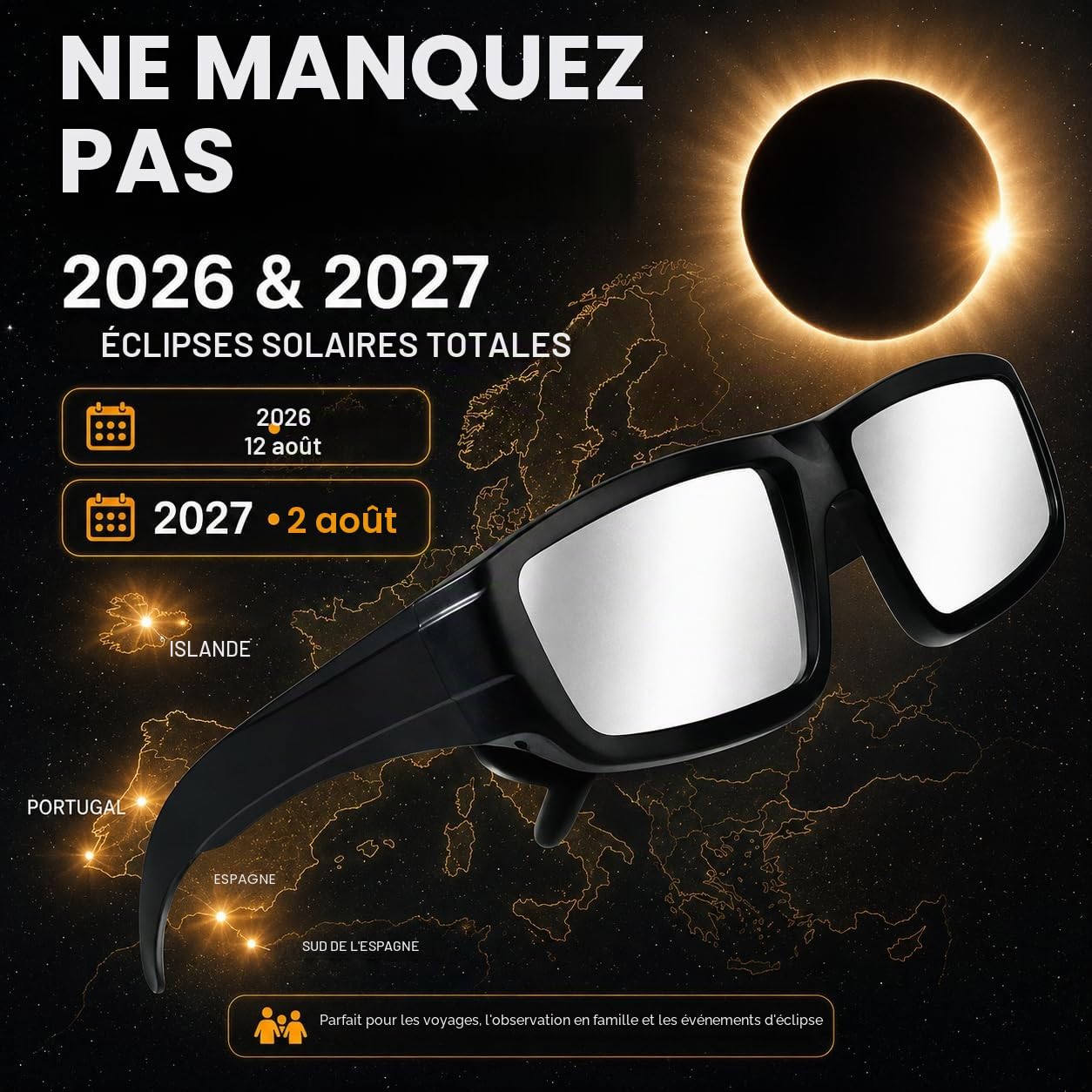 Lunettes eclipse solaire,2026 approuvées,certifiées ISO 12312-2:2015(E) et CE, lot de 3 lunettes robustes en plastique pour l’observation directe du soleil