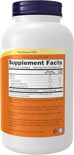 Miniatura 2 de NOW Supplements, Aceite de semilla de calabaza de 1000 mg con ácidos grasos esenciales y fitosteroles, prensado en frío, 200 cápsulas blandas