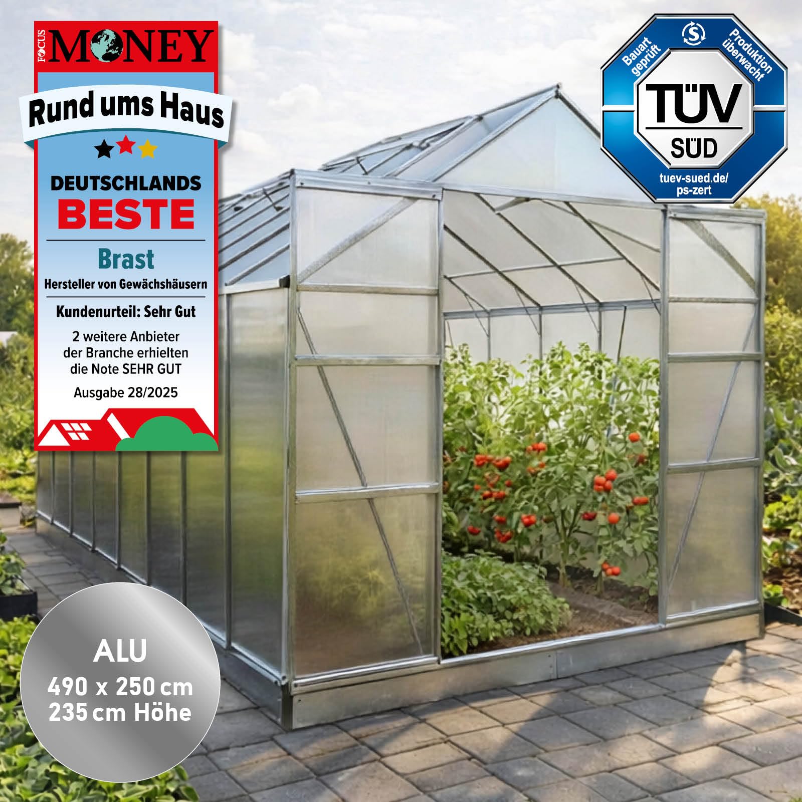 BRAST Gewächshaus Aluminium mit Fundament | 42 Modelle | 130x190x195cm - 490x250x235cm | TÜV geprüft | 6mm Hohlkammerplatten | rostfrei wetterfest temperaturbeständig | 490x250x235cm Silber