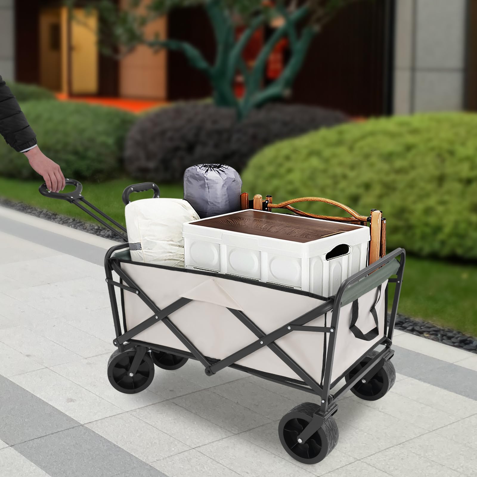 Carretilla de mano plegable de 8 pulgadas con 4 ruedas de patrón antideslizante, 89,5 x 51 cm, para actividades al aire libre, playa, jardín, parque, camping, compras