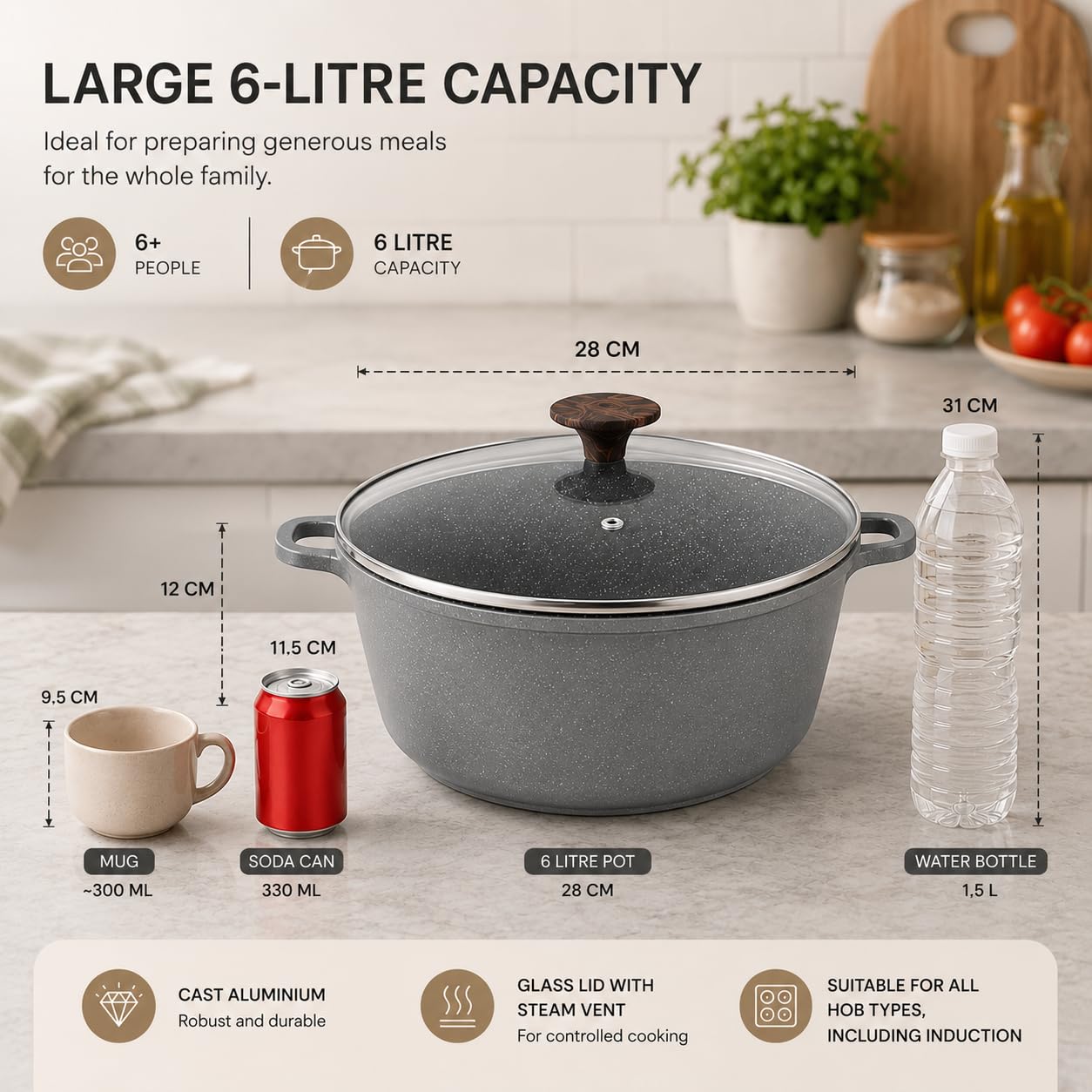 Royal Swiss - Olla (28 cm, 6 L, color gris oscuro, aluminio con revestimiento de mármol, antiadherente, tapa de cristal, inducción para todos los fuegos, compatible con horno con guantes de cocina