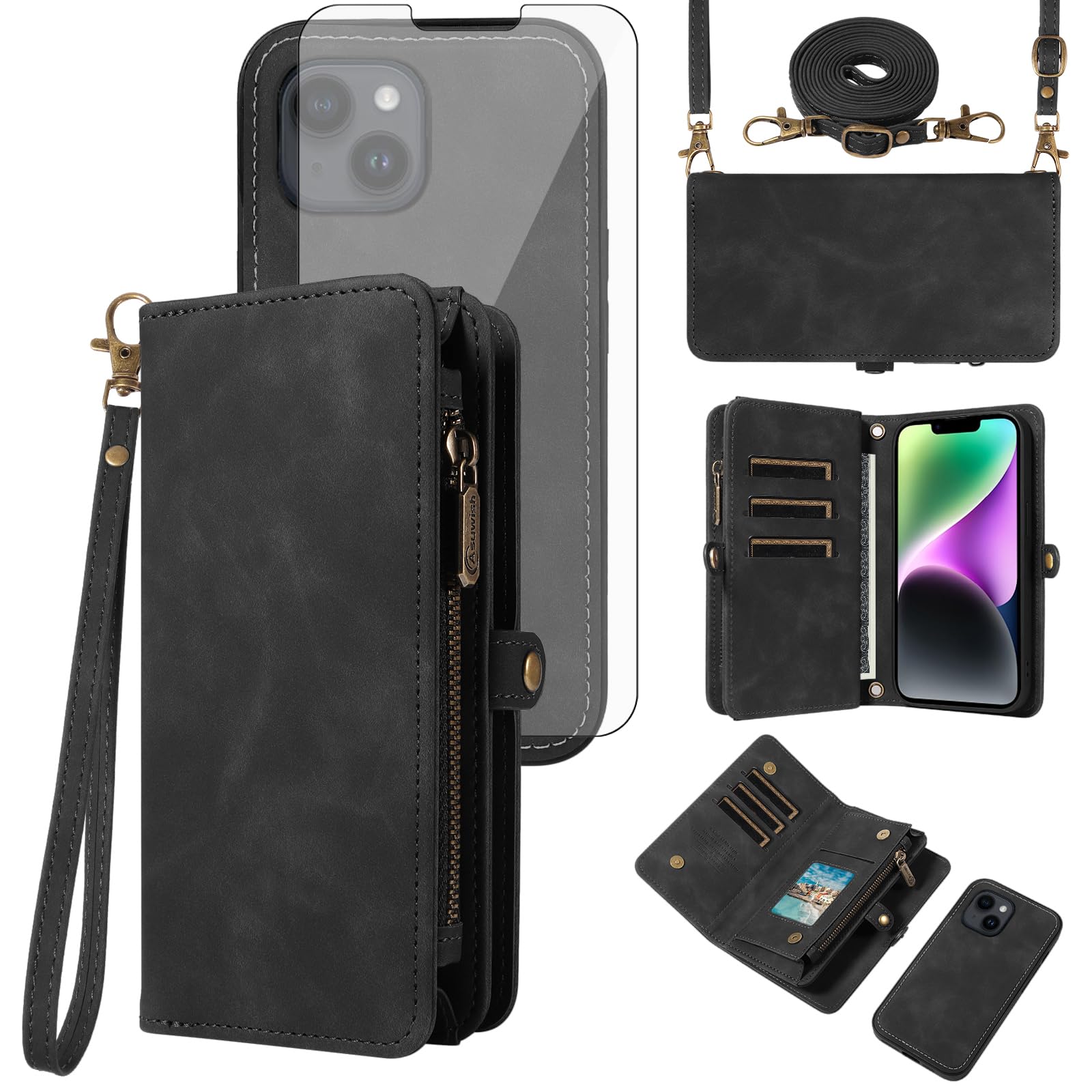Housse iPhone 14 anti-perte avec compartiment zippé et cordon - 8