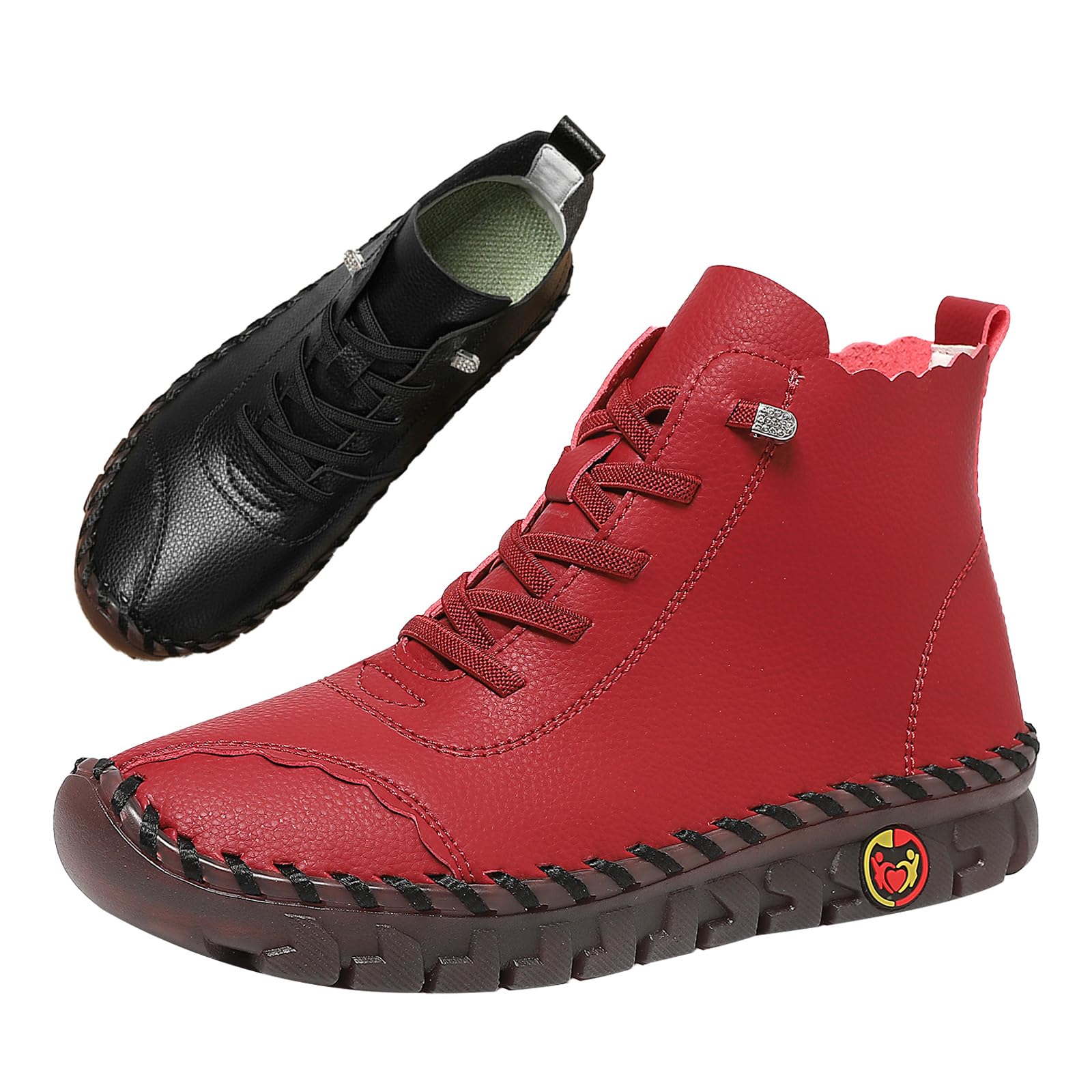 Womens Leather Ankle-Support Boots Classic Comfort Hand-Stitching Non-Slip Ox Soft Sole Slip On Casual Short Booties