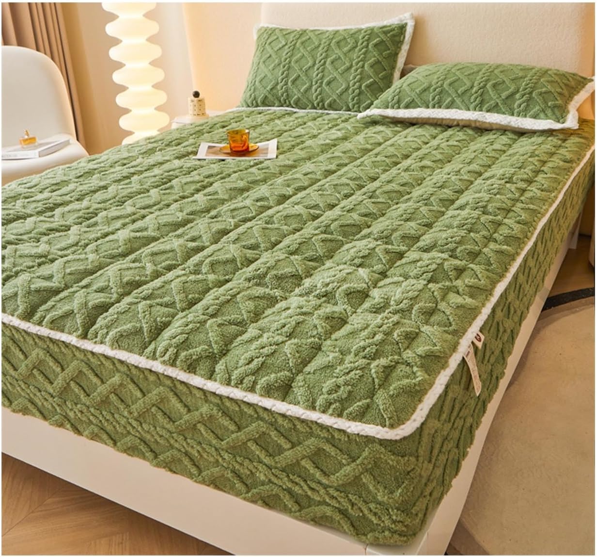 Deep Fitted Sheet Queen, Velvet Bed Sheet, Winter Warm Thickened Fitted Sheet Bedspread, Soft Bedcover Mattress Cover with Elastic,Bedsheet Bed Sheet Mattress Protector(Green,Queen (59x79inch))
