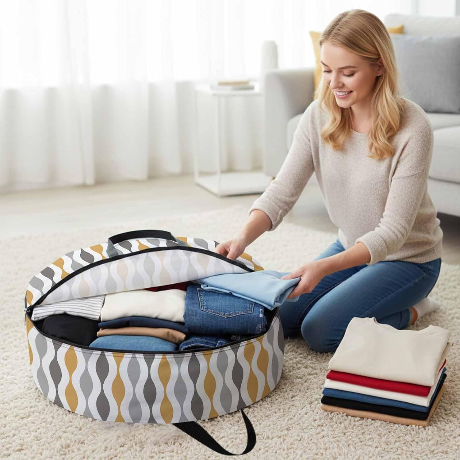 Yellow Gray Round Storage Bag 36 Inch, Medieval Print Waves Geometric Clothes Storage Container with Handles Heavy Duty Organizer for Comforter, Bedding & Holiday Wreaths