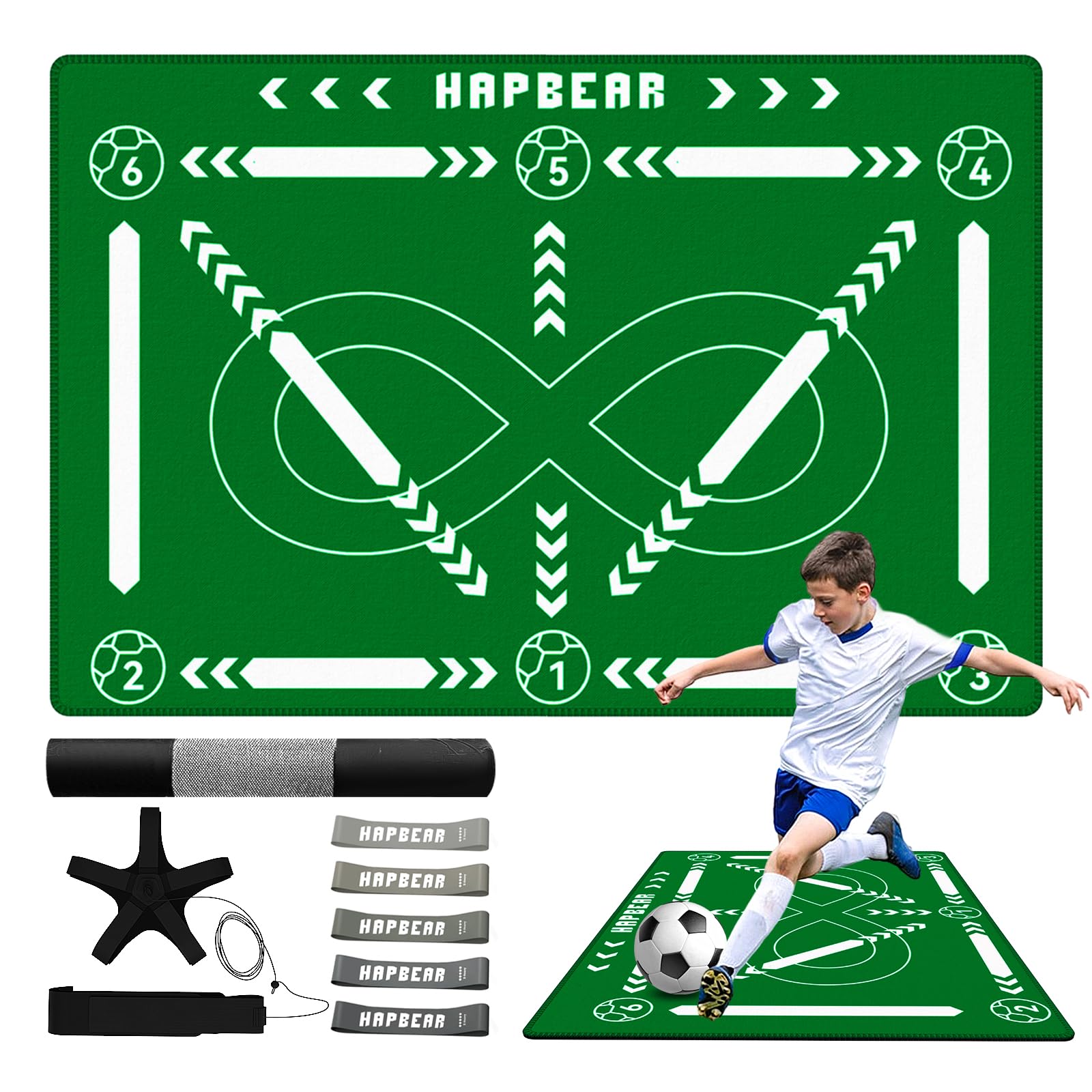HAPBEAR Fussball Matte 90×60 cm – 5 mm Dicke Kickmatte Für Kinder, Anti-Rutsch & Kein Aufrollen, Trainingsset Für Ballkontrolle, Beinarbeit & Techniktraining, Mit Fußballtrainer